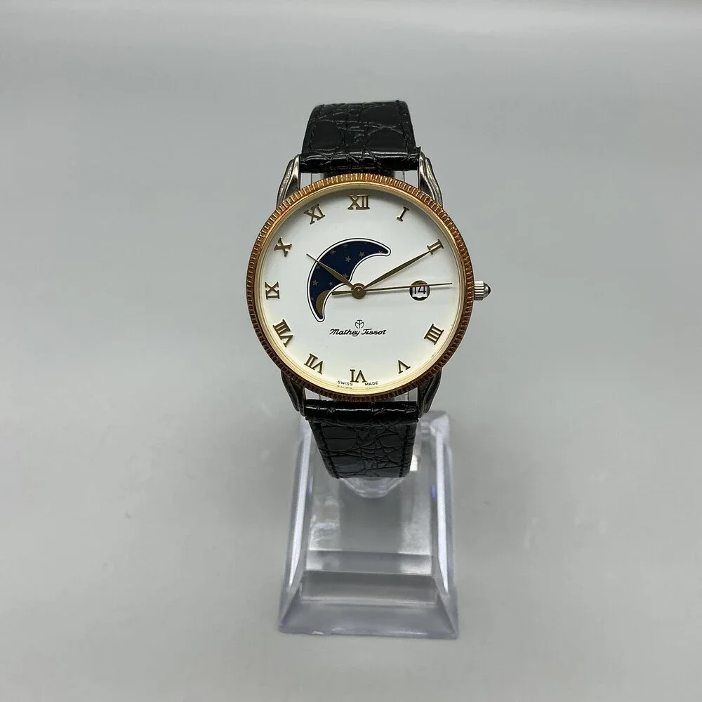 Mathey-Tissot Mens Watch 34mm Moon Phase Leather Date Swiss Made New Battery